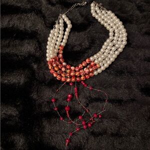 Vintage & Unique Elegant Faux Pearl with Red Beads Collar Necklace